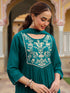 Janasya Women's Teal Green Georgette Embroidered A-line Kurta With Palazzo Dupatta Set
